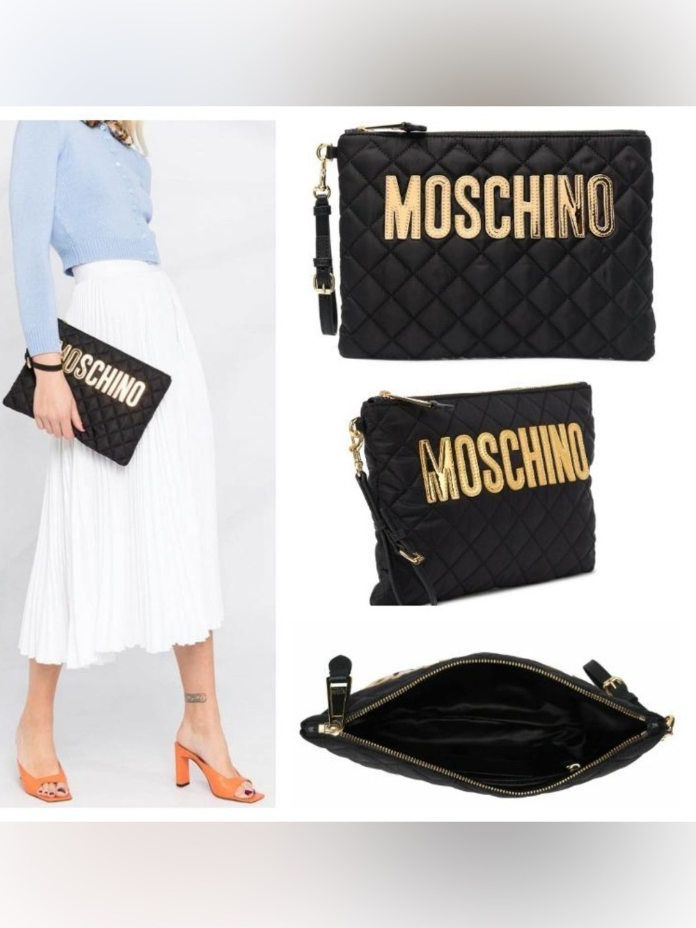 Moschino Black Quilted Wristlet with Gold Logo
